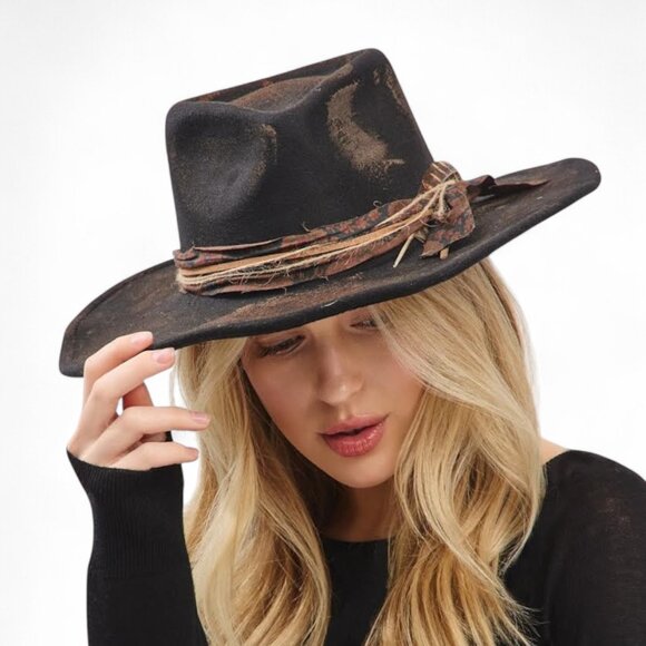 Distressed Designed Cowboy Cowgirl Hat Western Fedora Hat - Picture 2 of 7